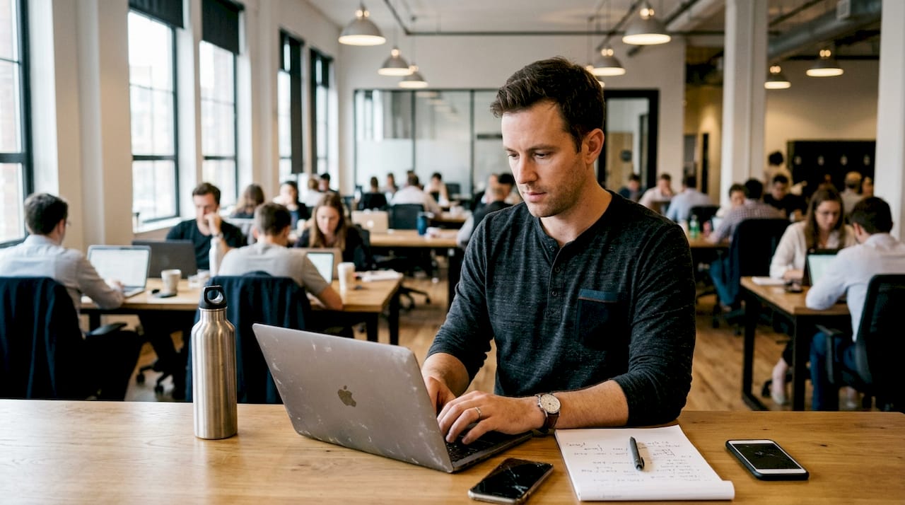 Entrepreneur at coworking desk working on marketing