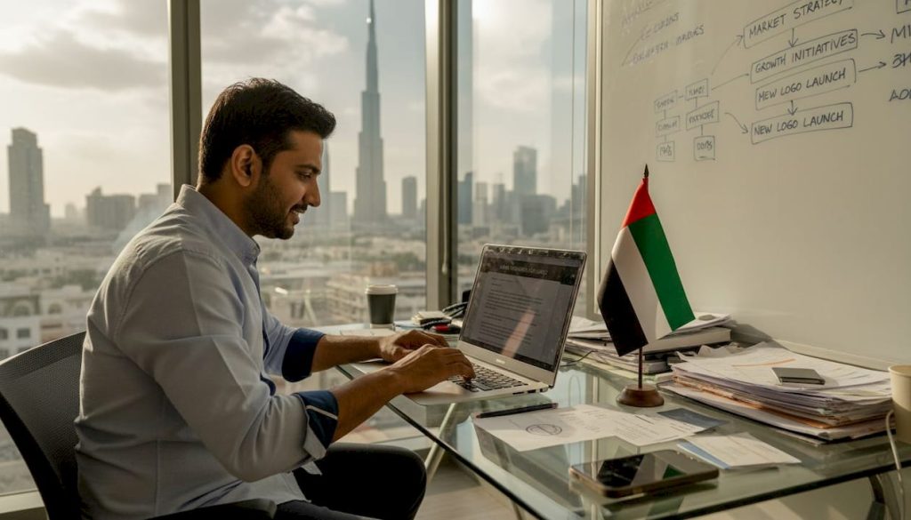 Business owner updating branding at office desk