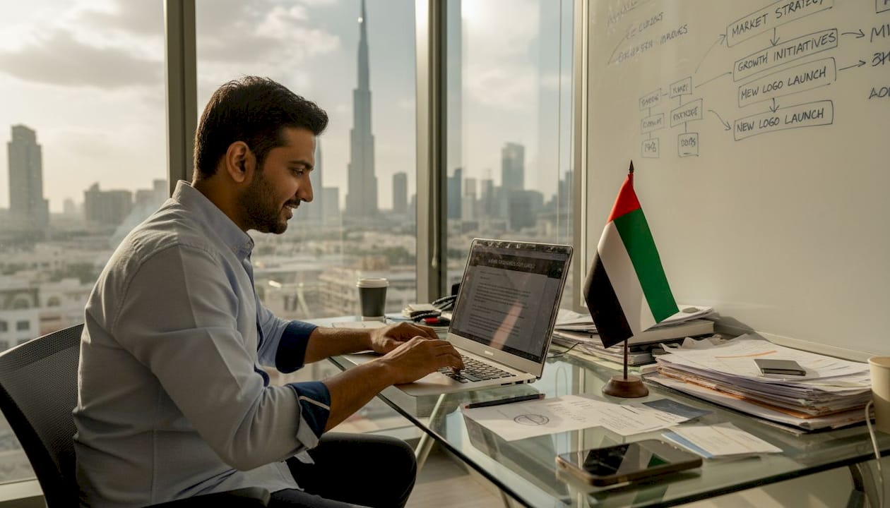 Business owner updating branding at office desk