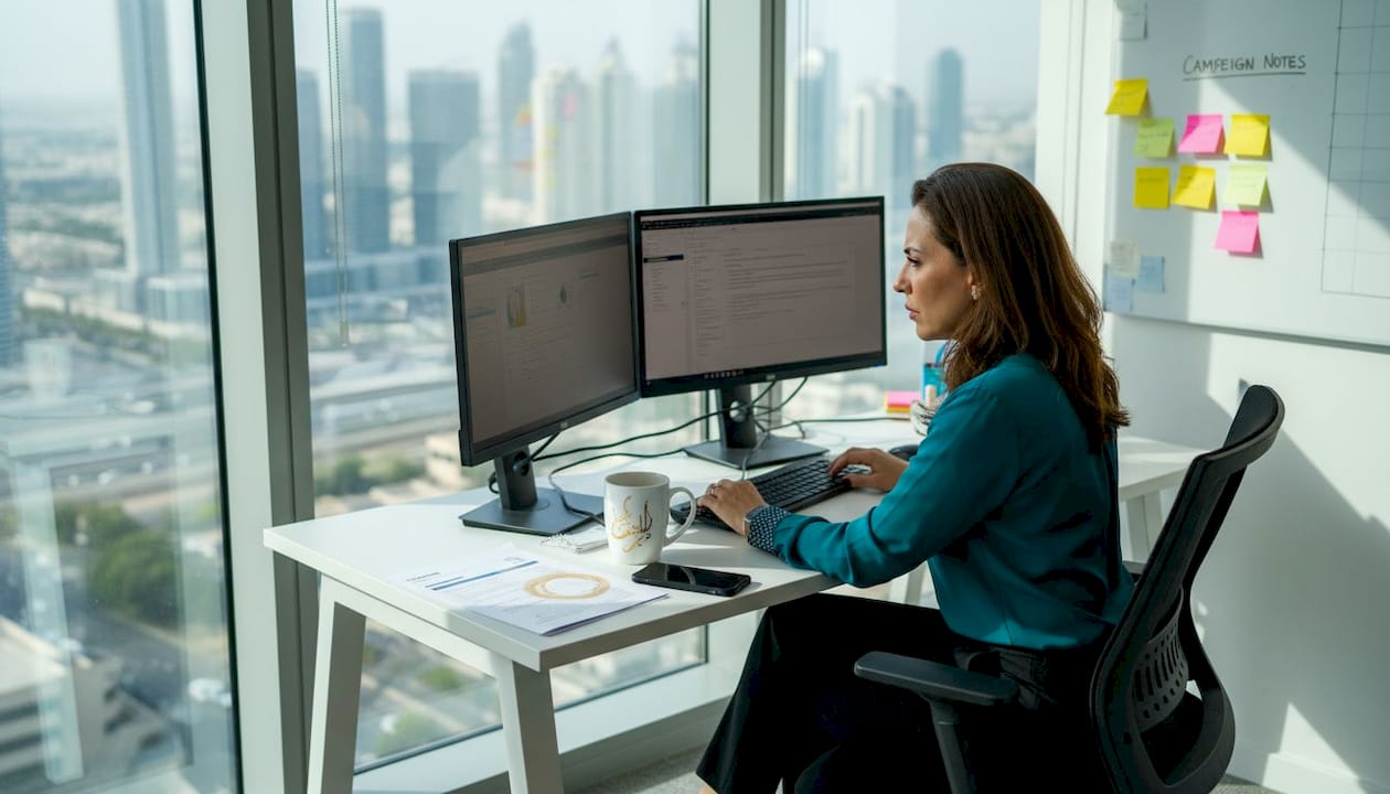 Middle Eastern marketer analyzing campaign workspace