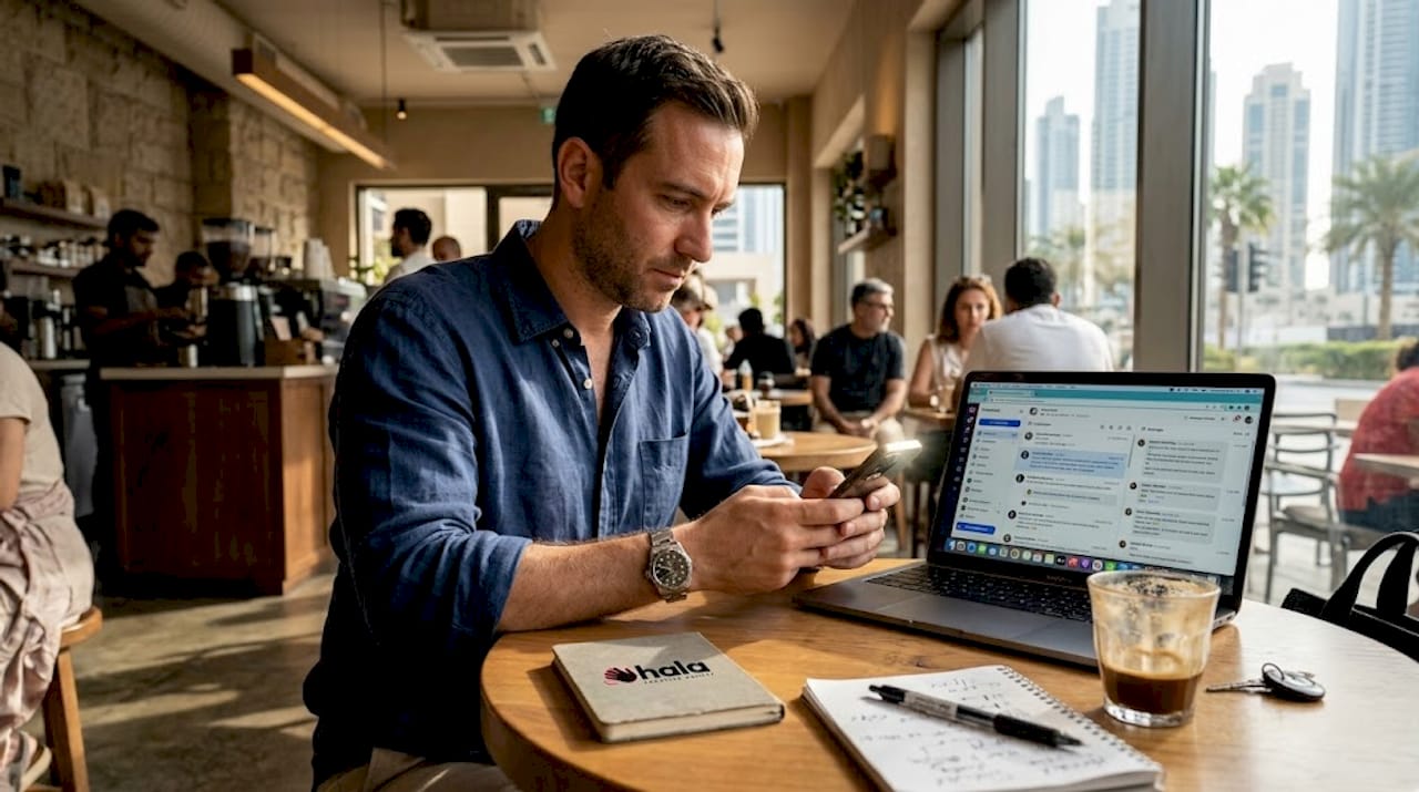 Dubai small business owner replying to messages