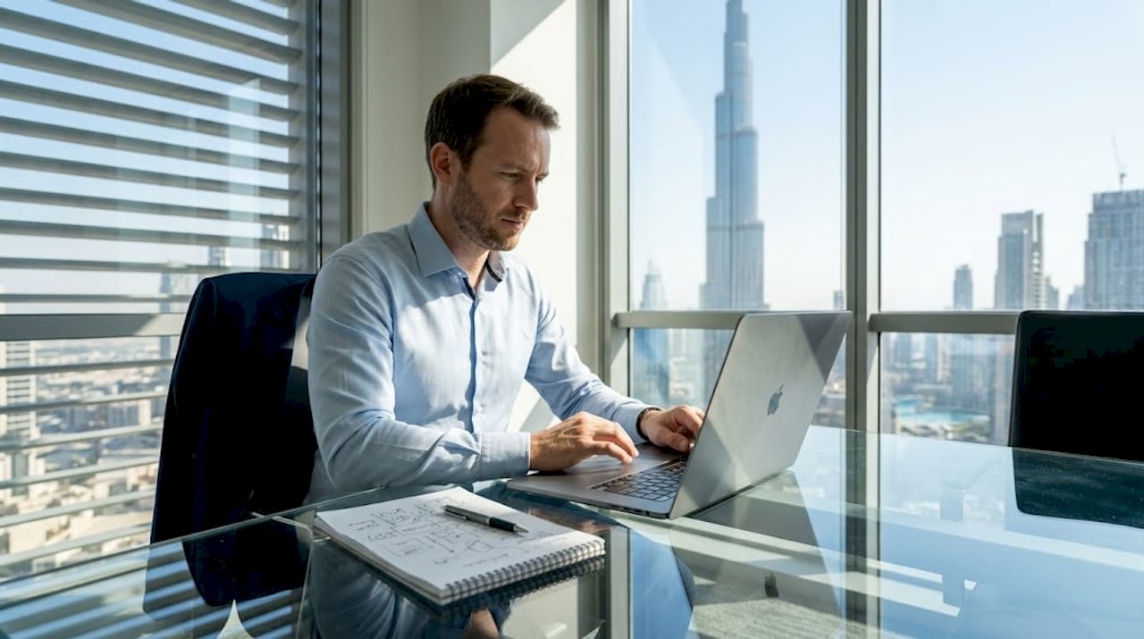 Marketing manager reviewing reports in Dubai office
