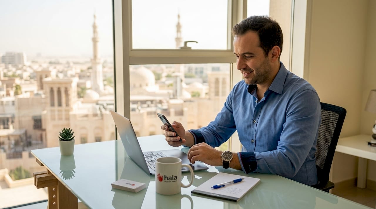 UAE business owner using laptop in home office