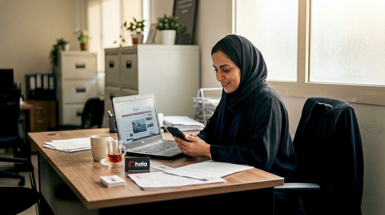 Qatari SME owner at desk using laptop and phone