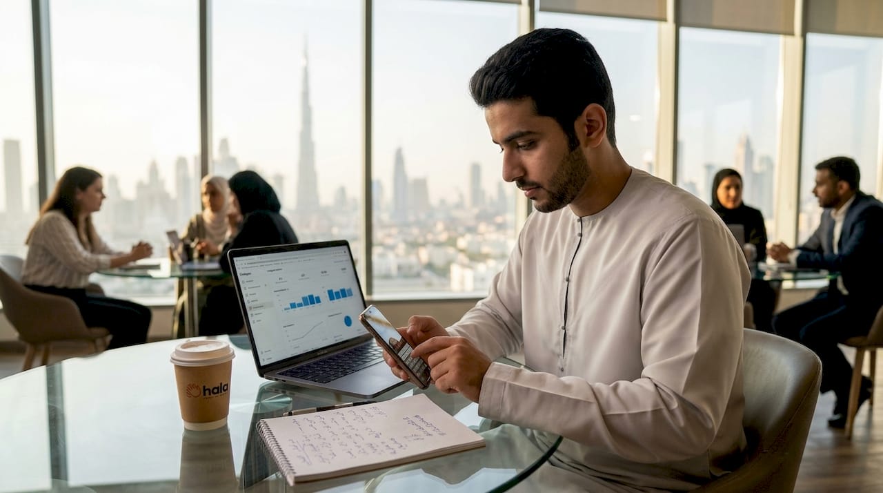 Dubai entrepreneur posting on social media in coworking space