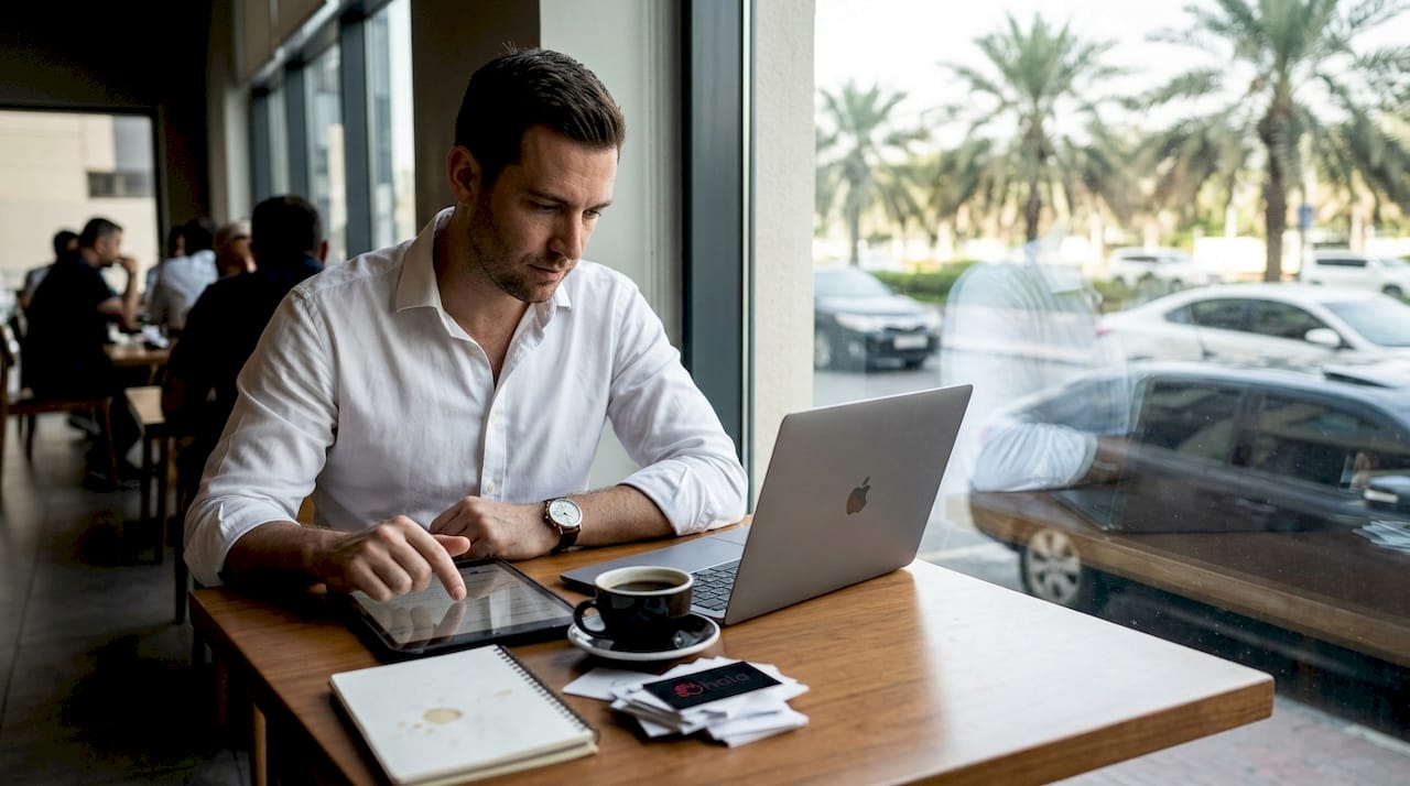 Dubai marketer working on digital engagement at café