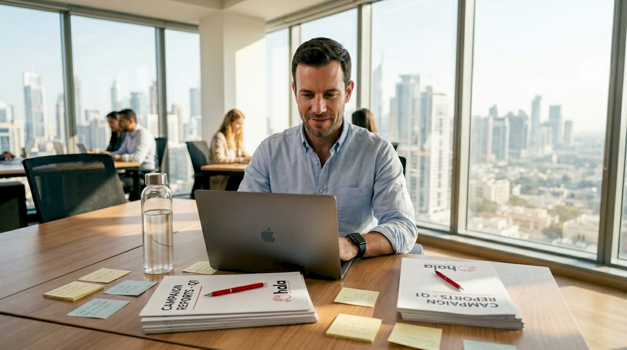 Marketer viewing campaign dashboard in UAE office