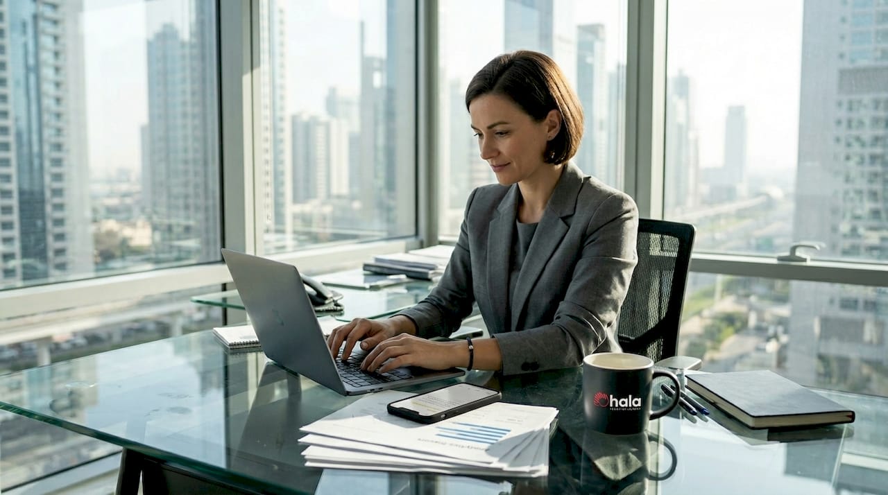 Businesswoman working on SEO in bright Dubai office