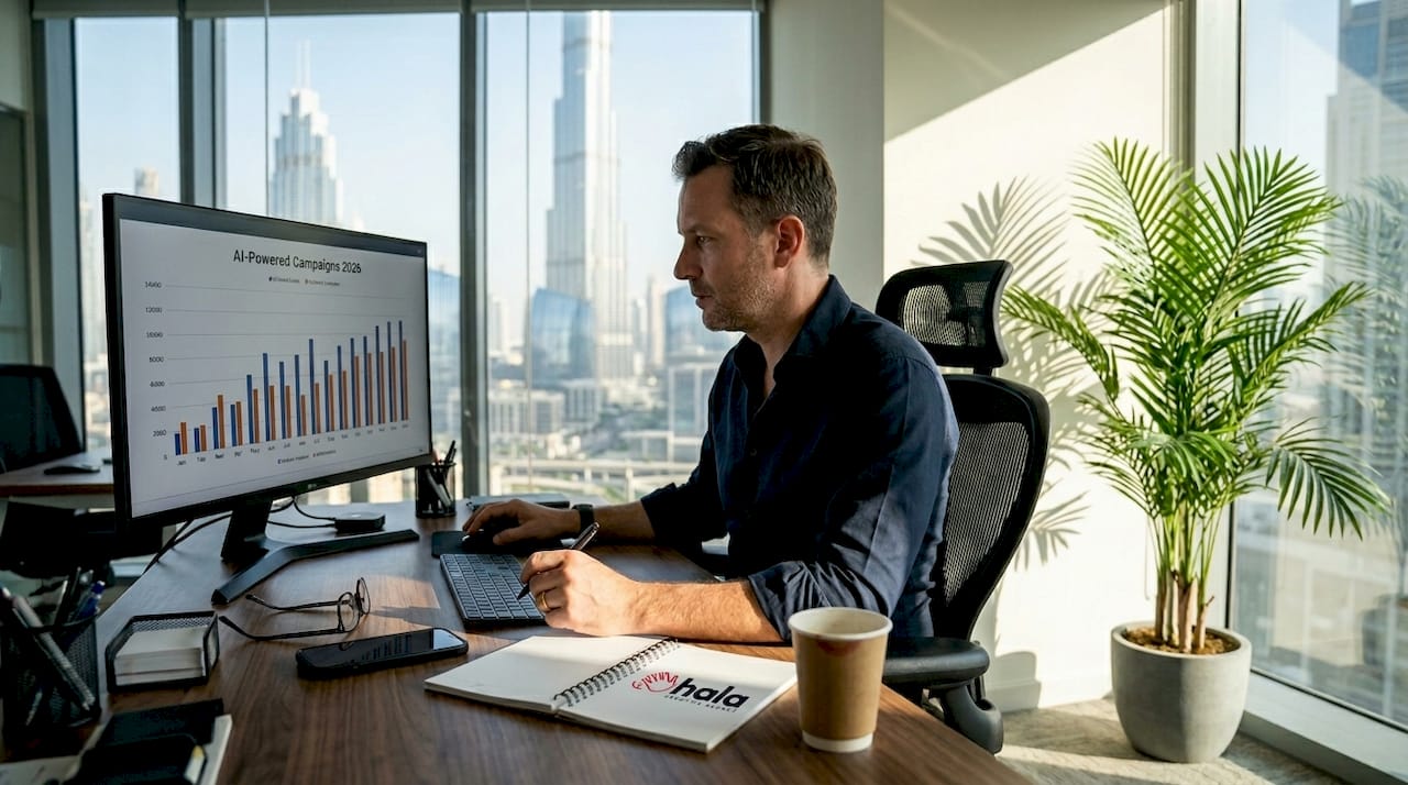 Dubai SMB owner reviewing AI marketing dashboard