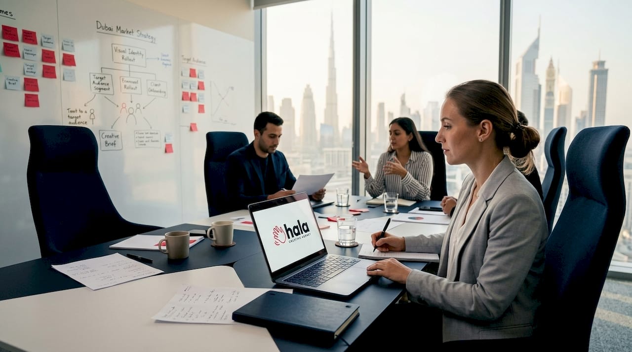 Consultant reviewing brand guidelines in Dubai office