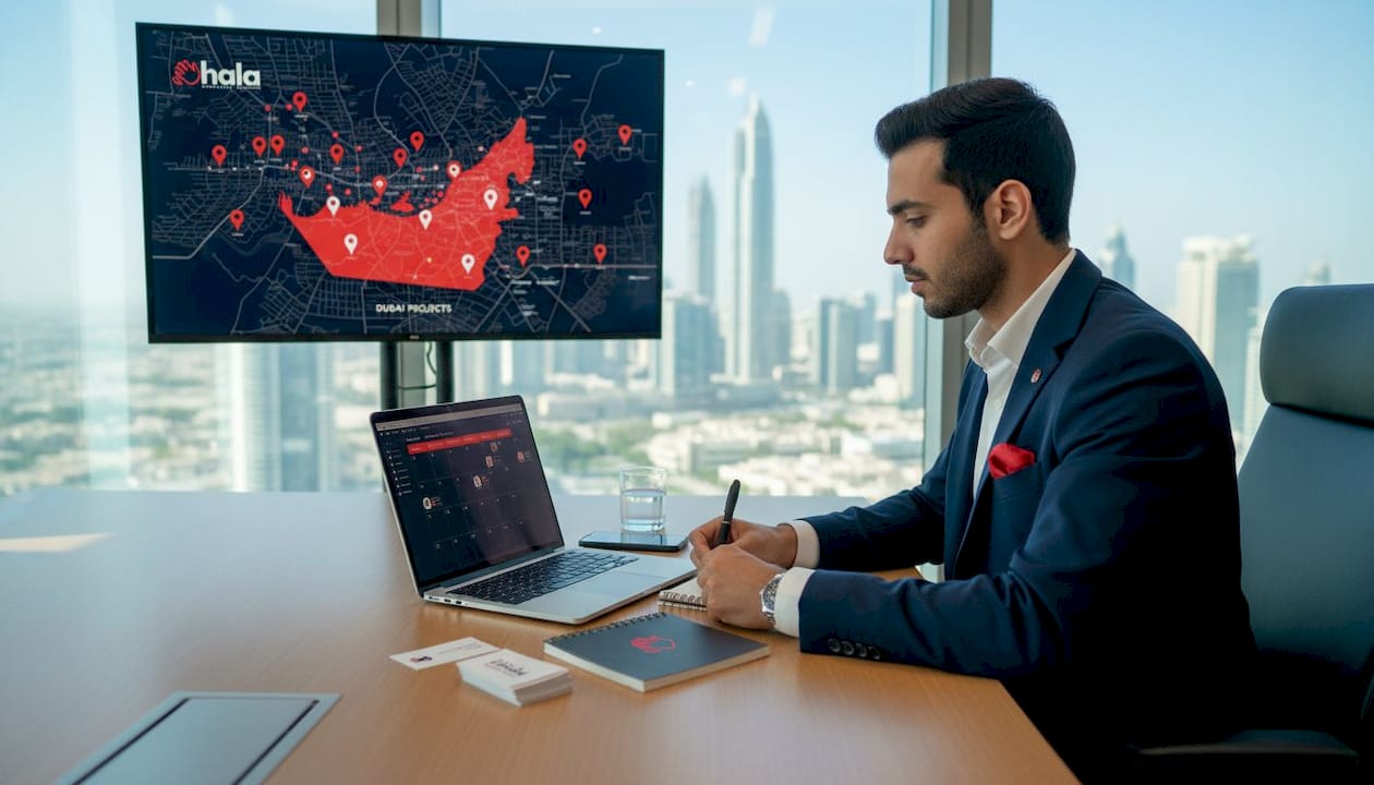 Dubai businessman planning content calendar at desk
