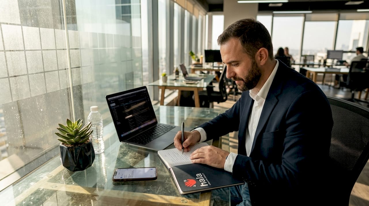 Dubai business owner writing at glass desk