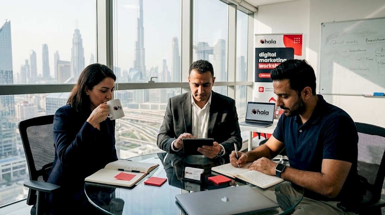 UAE business owners collaborate at creative agency meeting
