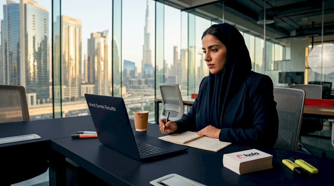 Entrepreneur reviews branding materials in Dubai office