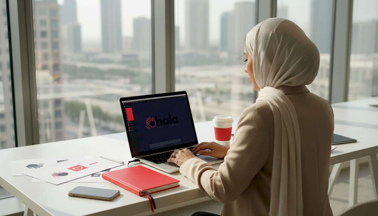 SME owner working on digital branding in coworking space
