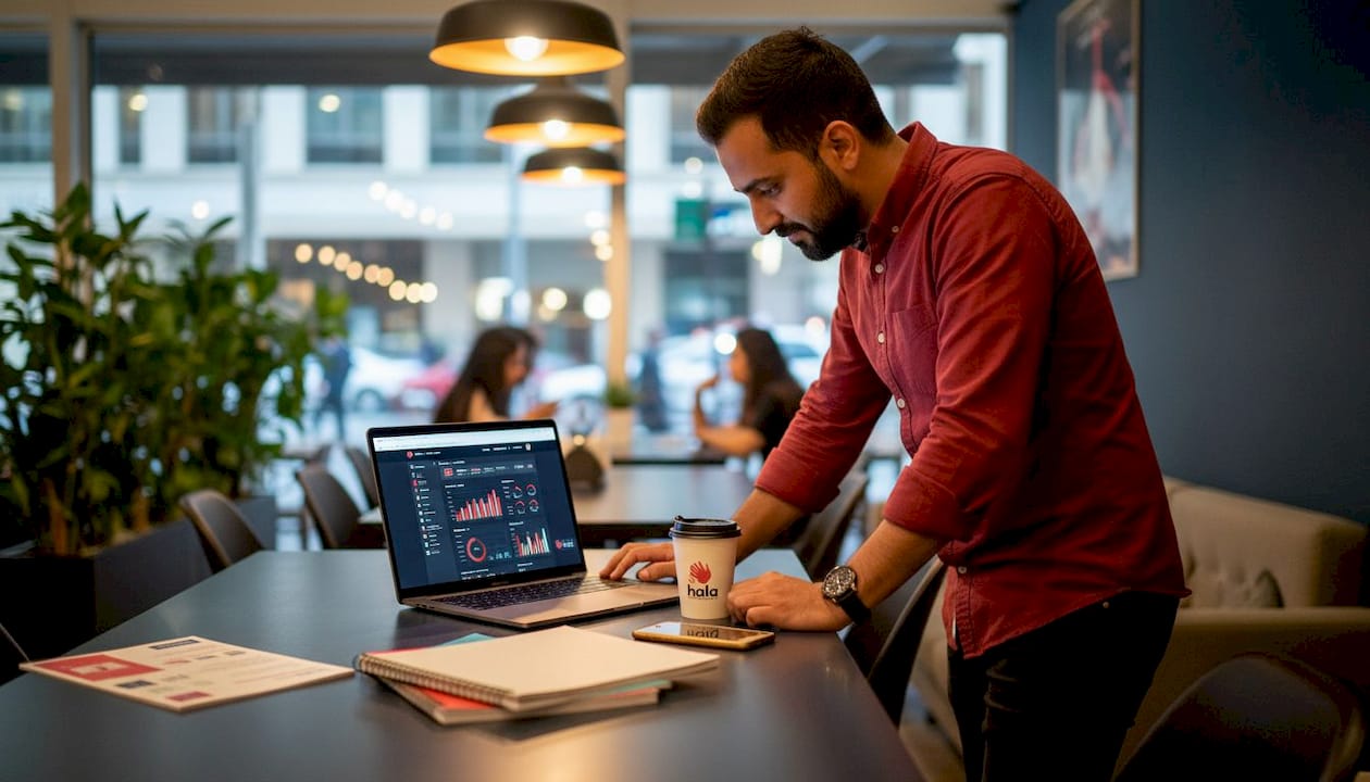 Small business owner reviews analytics in Dubai office