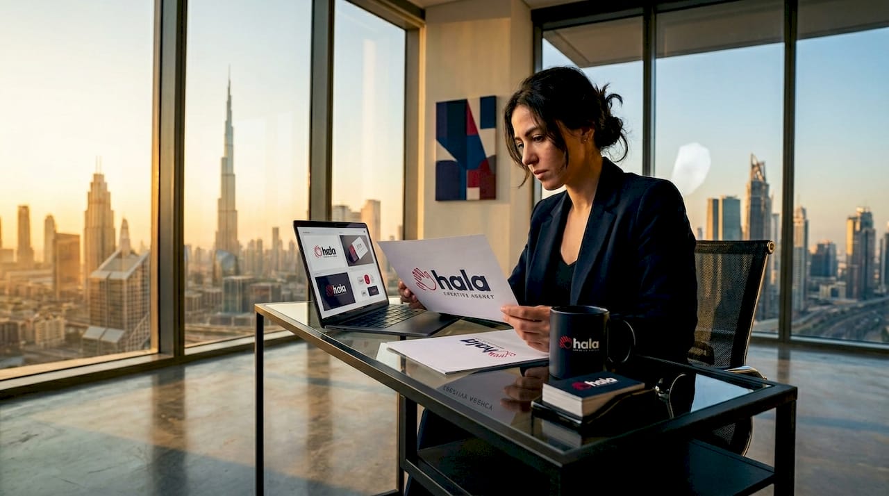 Entrepreneur reviewing brand identity materials