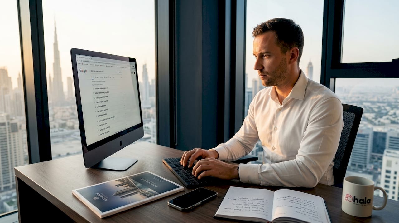 Agent working SEO at Dubai office desk