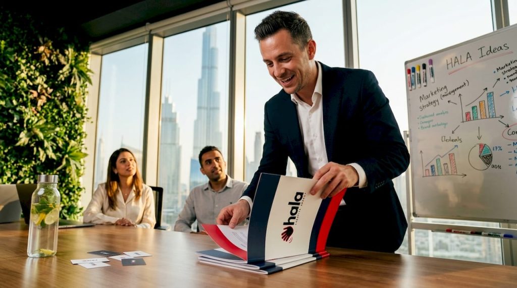 Brand strategy discussion in Dubai office meeting
