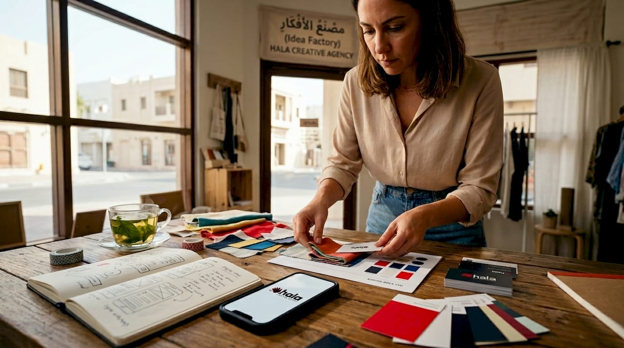 Small business owner organizes branding elements