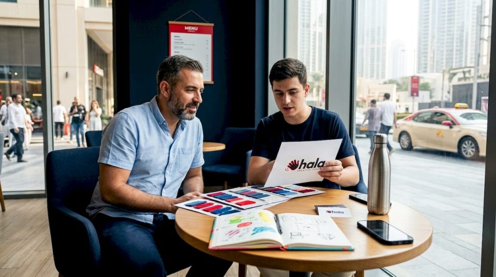 SMB founder reviews logo with designer in Dubai office