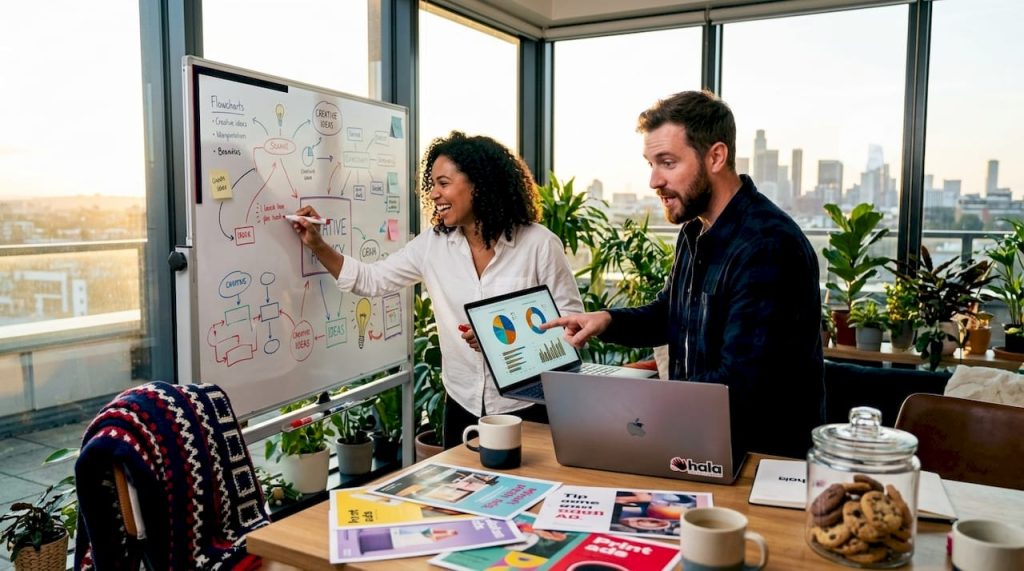 Teamwork planning hybrid marketing in sunlit office
