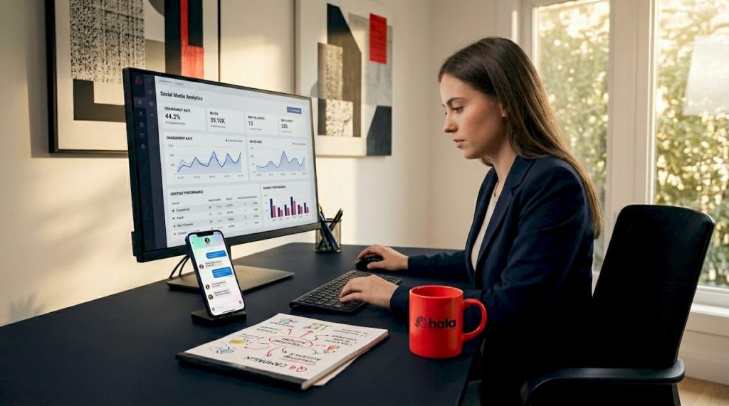 Marketer analyzing social media data at desk
