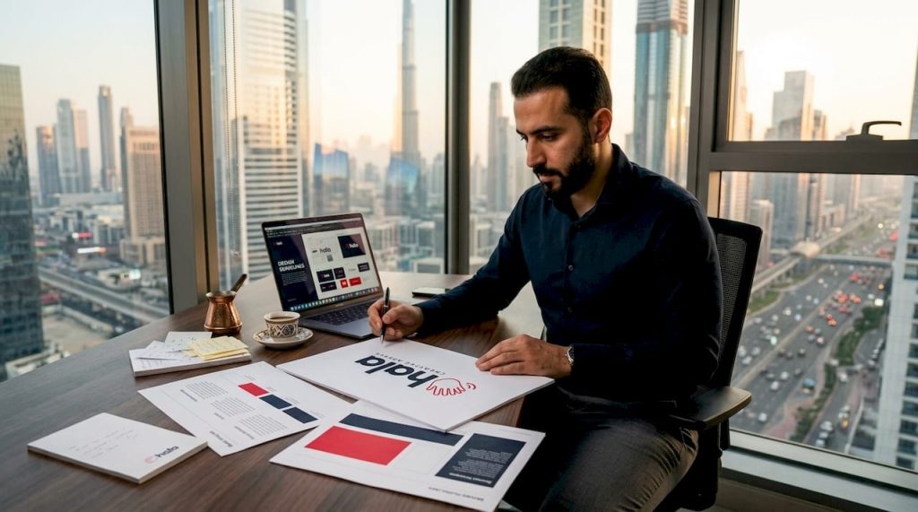 Dubai businessman reviewing rebranding documents