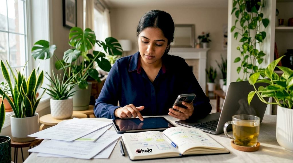 Entrepreneur managing online business presence