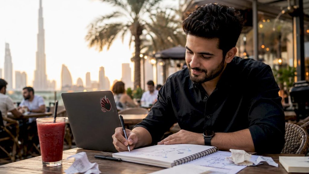 Entrepreneur analyzing SEO on laptop in Dubai office