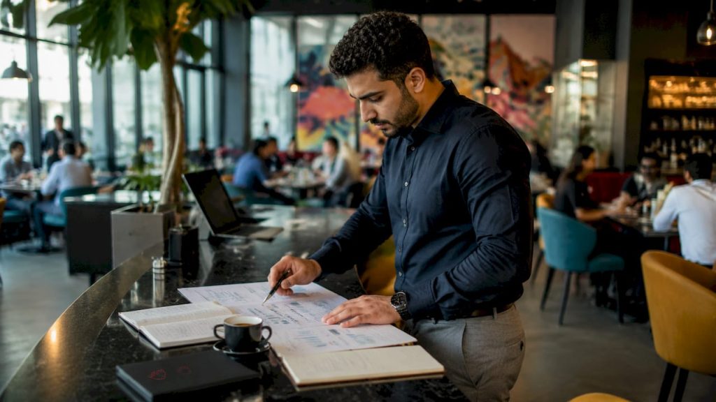 Marketing analyst reviewing printed data reports