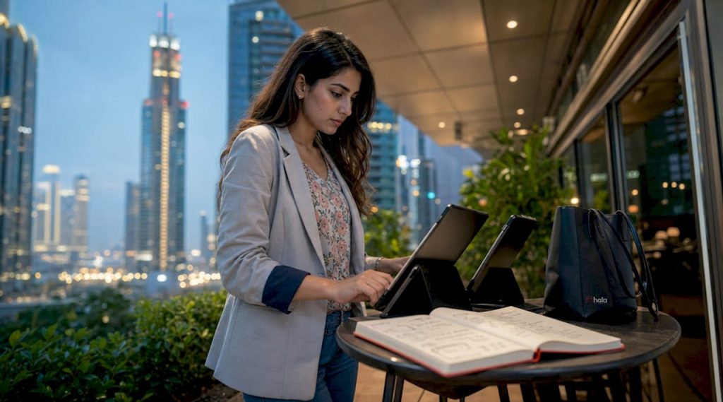 Marketing specialist managing real estate ads on devices