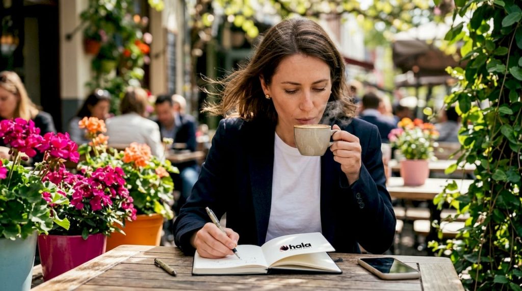 Woman brainstorming brand storytelling ideas in cafe
