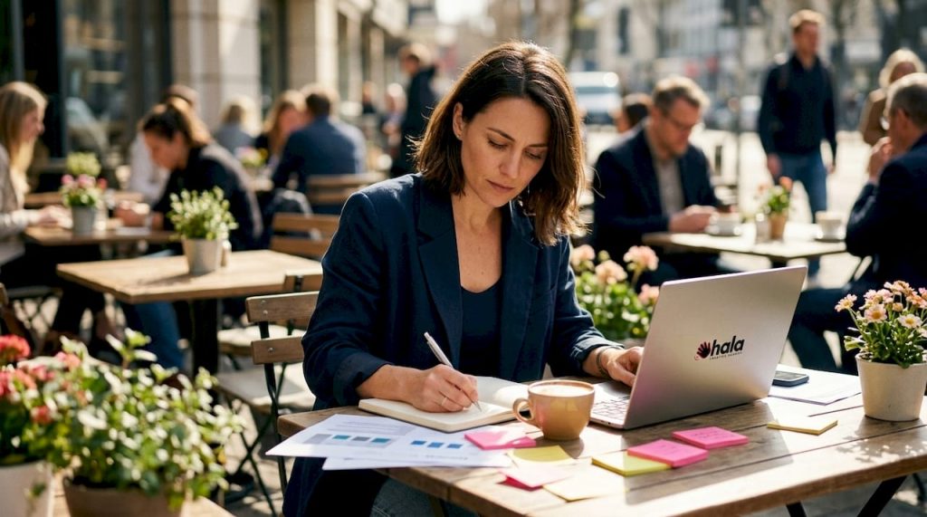 Marketing professional planning content strategy in café
