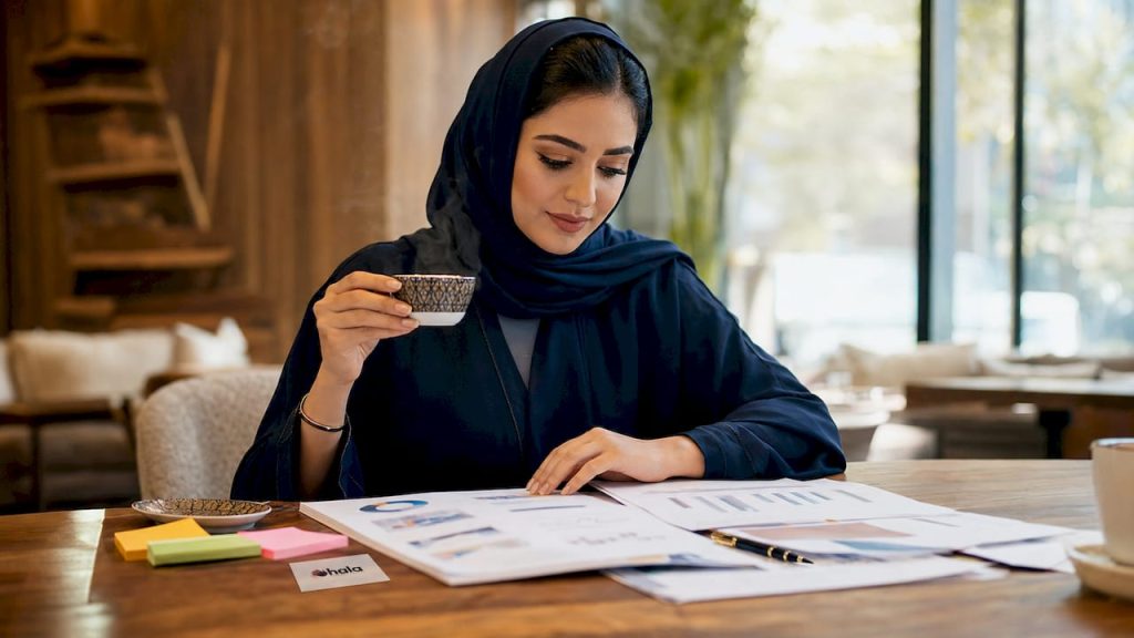 Marketing manager reviewing budget reports in office
