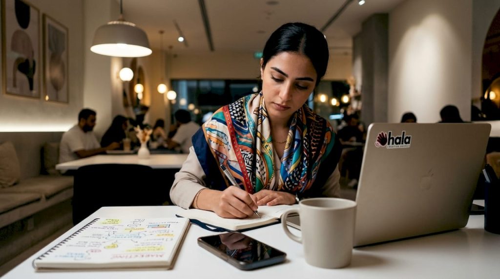 Woman planning SEO strategy in modern Dubai office