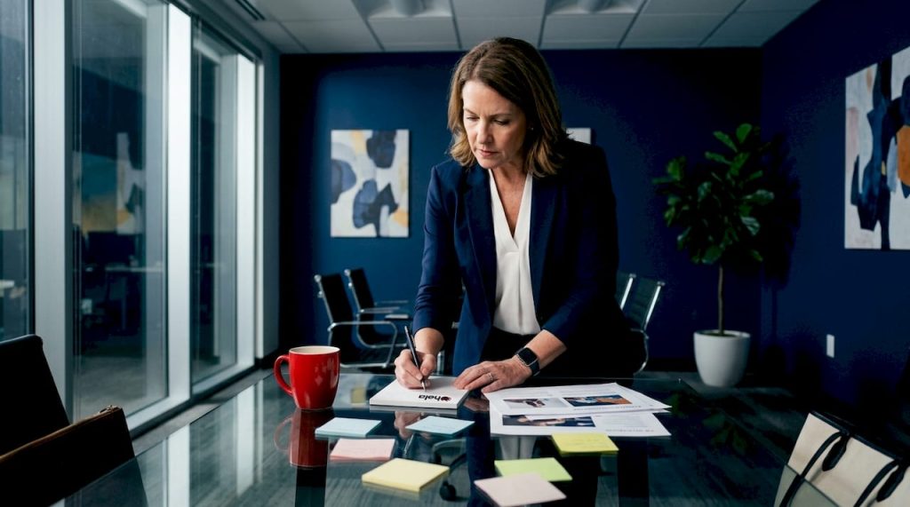 Businesswoman reviewing online ads on desk