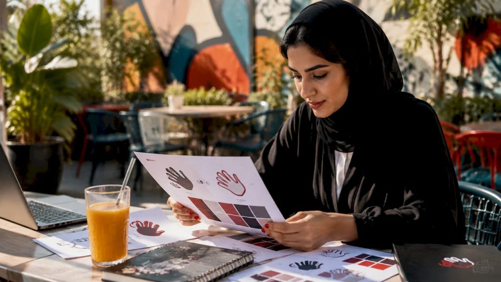 Entrepreneur reviewing branding materials outdoors