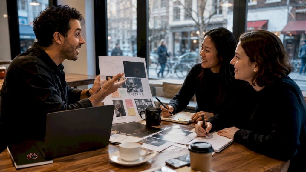 Team collaborating on real estate marketing strategy