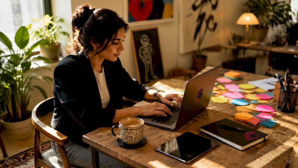 Woman using marketing automation on laptop in office