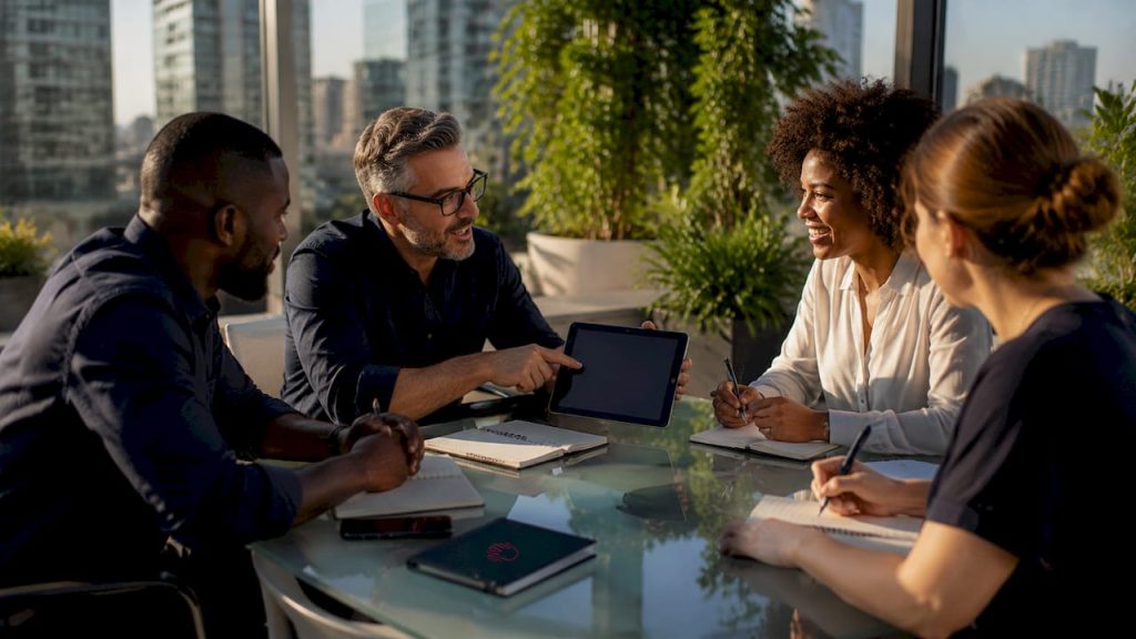 Team meeting discussing brand voice guidelines