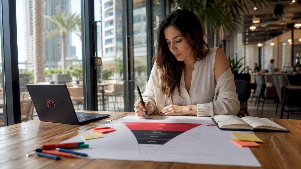 Marketing strategist reviewing funnel diagram