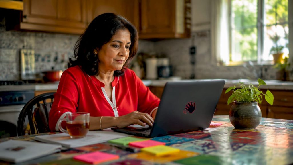 Woman working on paid advertising campaign in home office