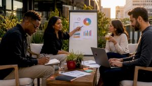 Team collaborating on advertising strategy in office
